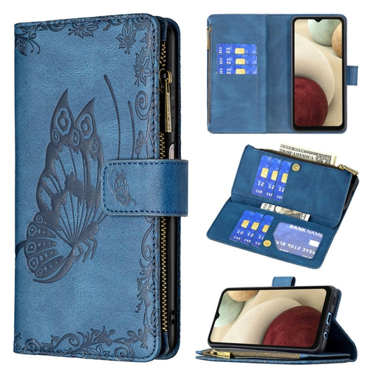 For Samsung Galaxy A12 Flying Butterfly Embossing Pattern Zipper Horizontal Flip Leather Case with Holder & Card Slots & Wallet(Blue) by buy2fix