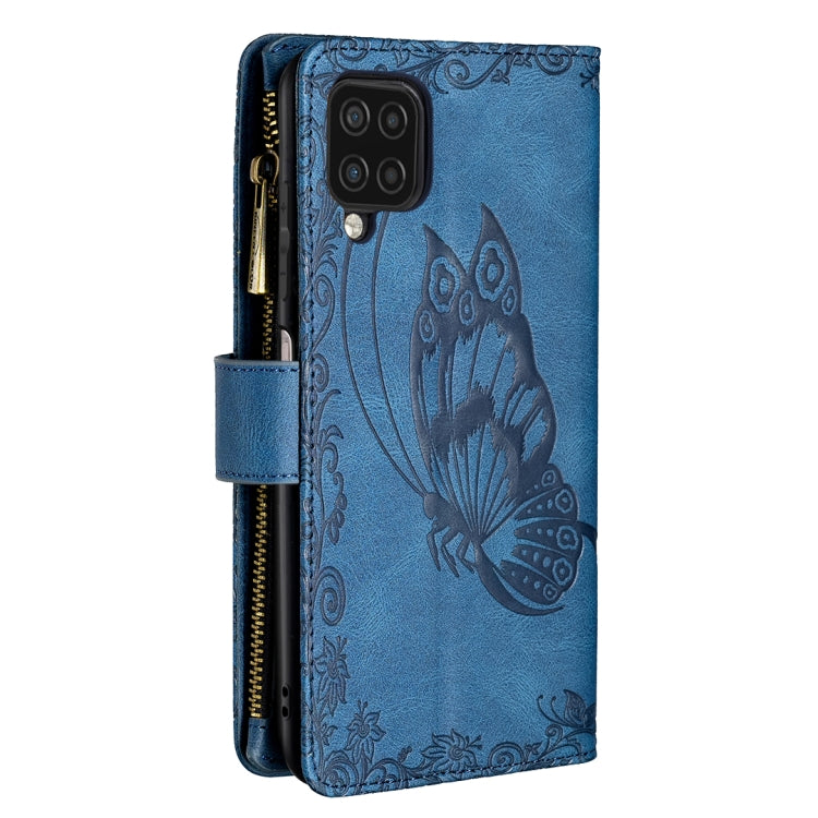 For Samsung Galaxy A12 Flying Butterfly Embossing Pattern Zipper Horizontal Flip Leather Case with Holder & Card Slots & Wallet(Blue) by buy2fix