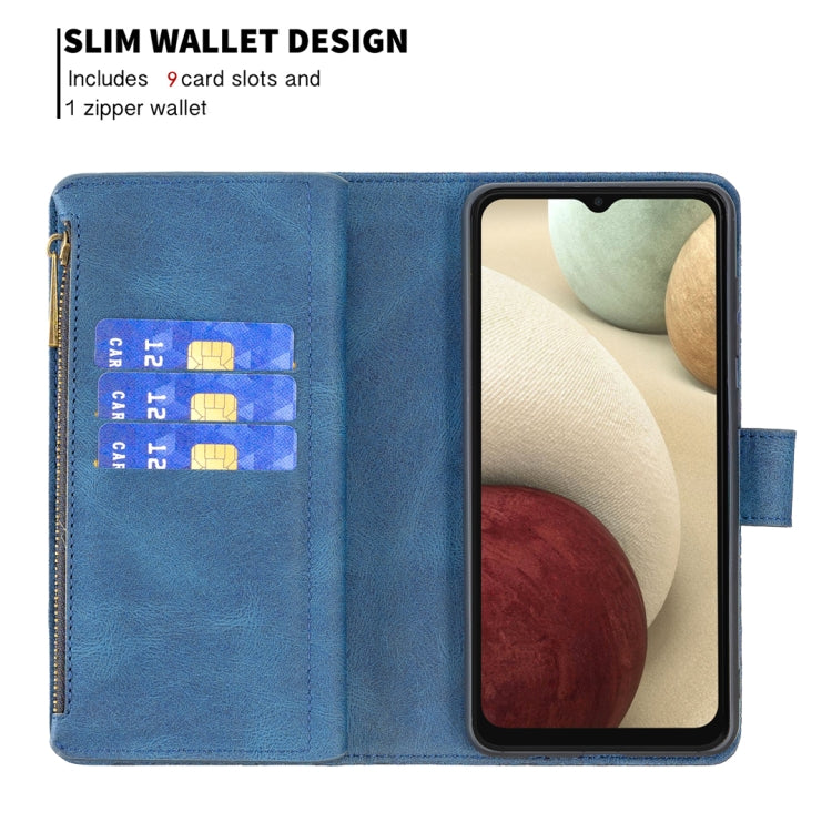 For Samsung Galaxy A12 Flying Butterfly Embossing Pattern Zipper Horizontal Flip Leather Case with Holder & Card Slots & Wallet(Blue) by buy2fix