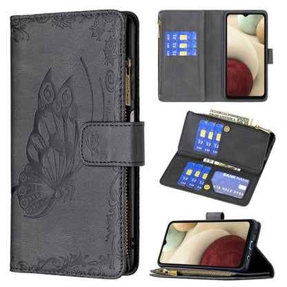 For Samsung Galaxy A12 Flying Butterfly Embossing Pattern Zipper Horizontal Flip Leather Case with Holder & Card Slots & Wallet(Black) by buy2fix