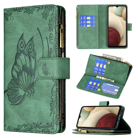 For Samsung Galaxy A12 Flying Butterfly Embossing Pattern Zipper Horizontal Flip Leather Case with Holder & Card Slots & Wallet(Green) by buy2fix