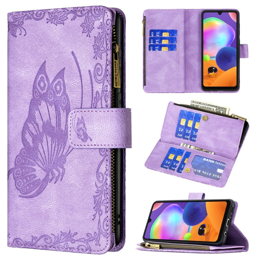 For Samsung Galaxy A31 Flying Butterfly Embossing Pattern Zipper Horizontal Flip Leather Case with Holder & Card Slots & Wallet(Purple) - Galaxy Phone Cases by buy2fix | Online Shopping UK | buy2fix