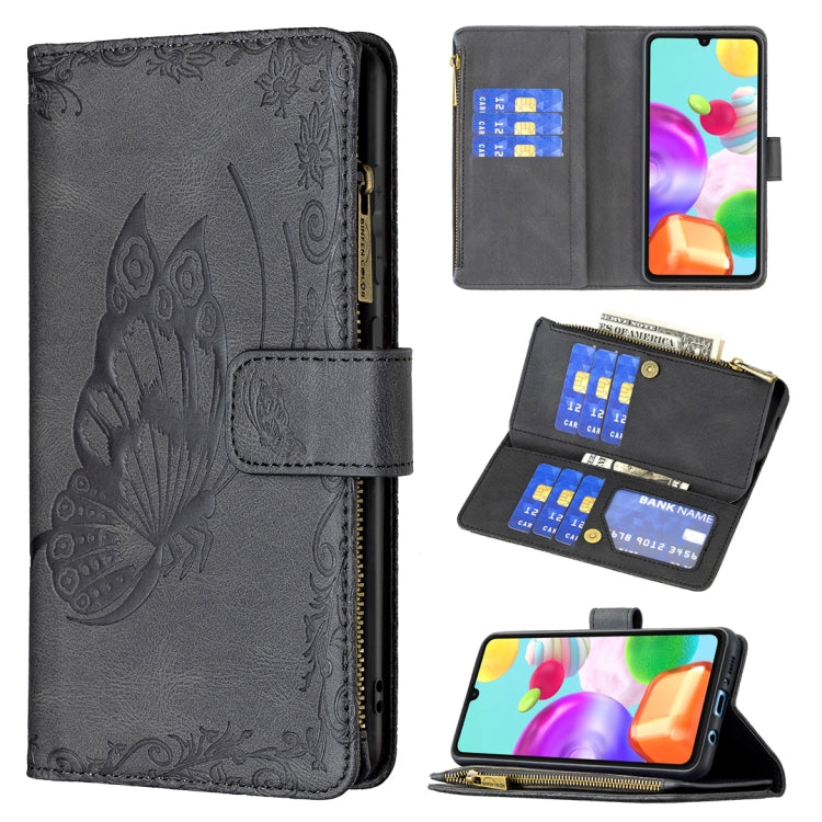 For Samsung Galaxy A41 Flying Butterfly Embossing Pattern Zipper Horizontal Flip Leather Case with Holder & Card Slots & Wallet(Black) by buy2fix