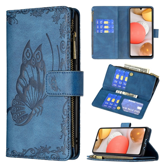For Samsung Galaxy A42 Flying Butterfly Embossing Pattern Zipper Horizontal Flip Leather Case with Holder & Card Slots & Wallet(Blue) by buy2fix