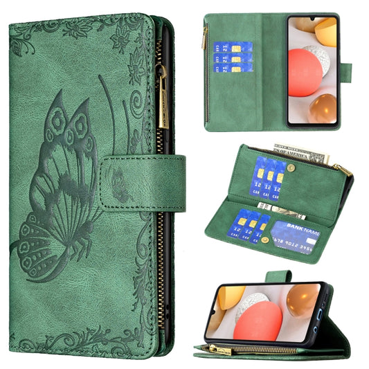 For Samsung Galaxy A42 Flying Butterfly Embossing Pattern Zipper Horizontal Flip Leather Case with Holder & Card Slots & Wallet(Green) by buy2fix