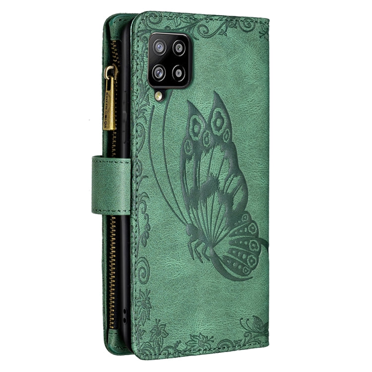 For Samsung Galaxy A42 Flying Butterfly Embossing Pattern Zipper Horizontal Flip Leather Case with Holder & Card Slots & Wallet(Green) by buy2fix