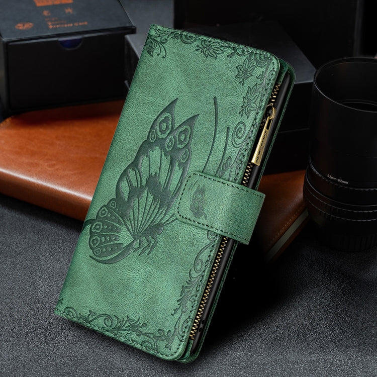 For Samsung Galaxy A42 Flying Butterfly Embossing Pattern Zipper Horizontal Flip Leather Case with Holder & Card Slots & Wallet(Green) by buy2fix