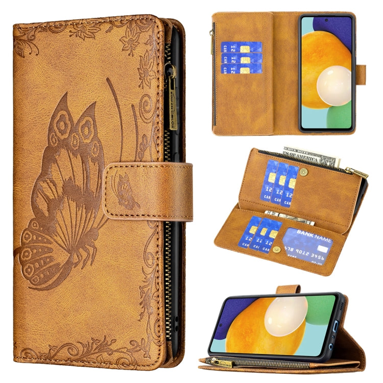 For Samsung Galaxy A52 4G / 5G Flying Butterfly Embossing Pattern Zipper Horizontal Flip Leather Case with Holder & Card Slots & Wallet(Brown) by buy2fix