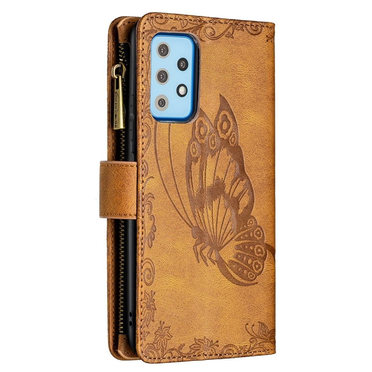 For Samsung Galaxy A52 4G / 5G Flying Butterfly Embossing Pattern Zipper Horizontal Flip Leather Case with Holder & Card Slots & Wallet(Brown) by buy2fix