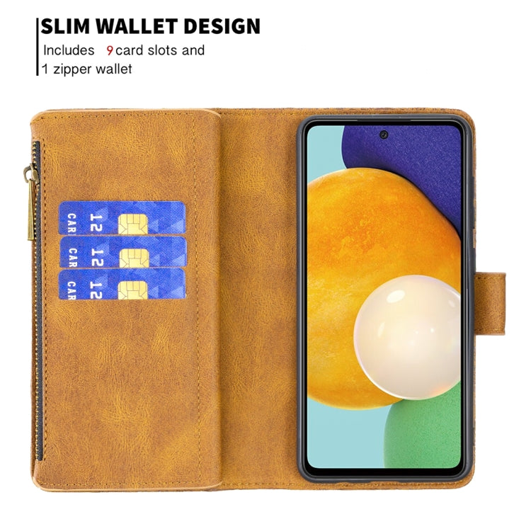 For Samsung Galaxy A52 4G / 5G Flying Butterfly Embossing Pattern Zipper Horizontal Flip Leather Case with Holder & Card Slots & Wallet(Brown) by buy2fix