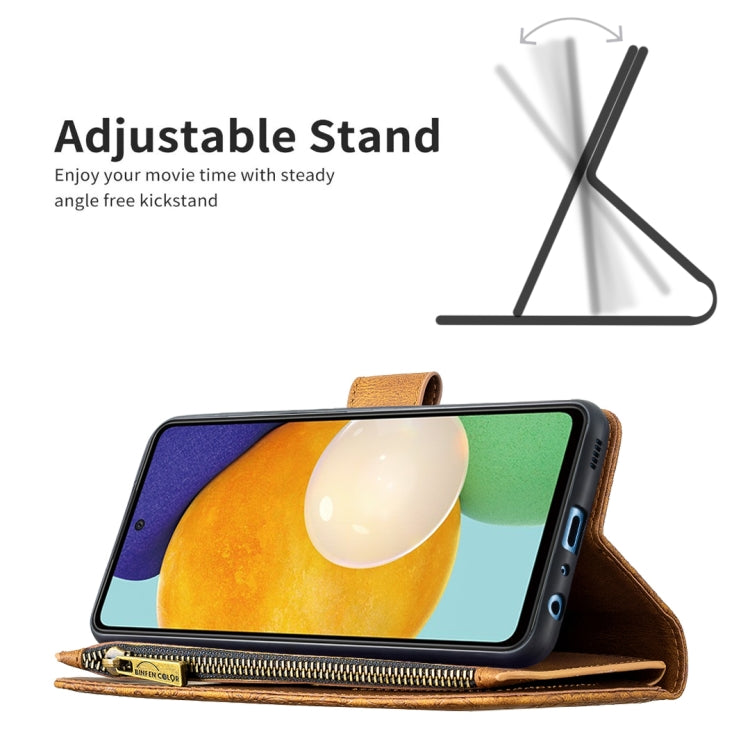 For Samsung Galaxy A52 4G / 5G Flying Butterfly Embossing Pattern Zipper Horizontal Flip Leather Case with Holder & Card Slots & Wallet(Brown) by buy2fix