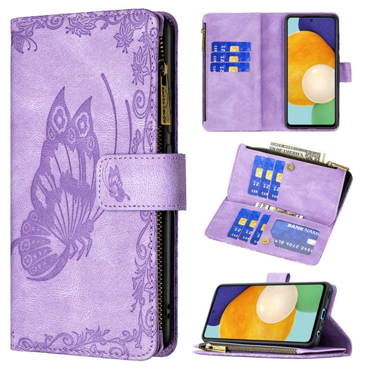 For Samsung Galaxy A52 4G / 5G Flying Butterfly Embossing Pattern Zipper Horizontal Flip Leather Case with Holder & Card Slots & Wallet(Purple) by buy2fix