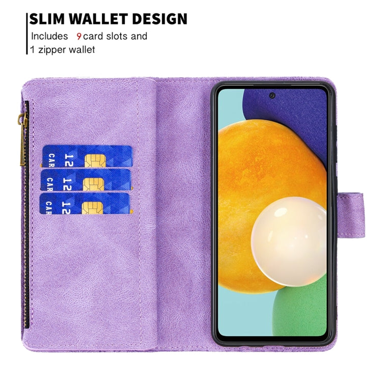 For Samsung Galaxy A52 4G / 5G Flying Butterfly Embossing Pattern Zipper Horizontal Flip Leather Case with Holder & Card Slots & Wallet(Purple) by buy2fix