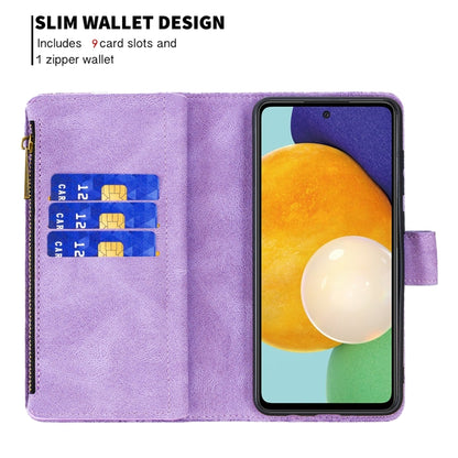 For Samsung Galaxy A52 4G / 5G Flying Butterfly Embossing Pattern Zipper Horizontal Flip Leather Case with Holder & Card Slots & Wallet(Purple) by buy2fix