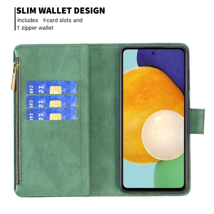 For Samsung Galaxy A52 4G / 5G Flying Butterfly Embossing Pattern Zipper Horizontal Flip Leather Case with Holder & Card Slots & Wallet(Green) by buy2fix