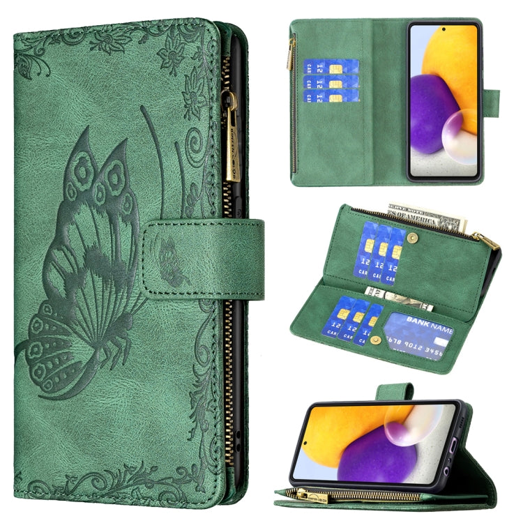 For Samsung Galaxy A72 4G / 5G Flying Butterfly Embossing Pattern Zipper Horizontal Flip Leather Case with Holder & Card Slots & Wallet(Green) by buy2fix