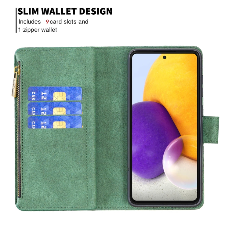 For Samsung Galaxy A72 4G / 5G Flying Butterfly Embossing Pattern Zipper Horizontal Flip Leather Case with Holder & Card Slots & Wallet(Green) by buy2fix