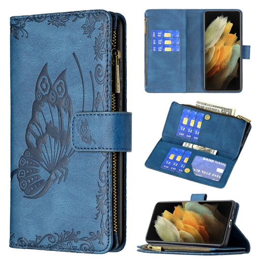 For Samsung Galaxy S21 Ultra 5G Flying Butterfly Embossing Pattern Zipper Horizontal Flip Leather Case with Holder & Card Slots & Wallet(Blue) - Galaxy S21 Ultra 5G Cases by buy2fix | Online Shopping UK | buy2fix