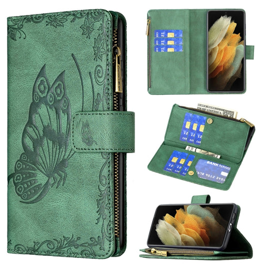 For Samsung Galaxy S21 Ultra 5G Flying Butterfly Embossing Pattern Zipper Horizontal Flip Leather Case with Holder & Card Slots & Wallet(Green) - Galaxy S21 Ultra 5G Cases by buy2fix | Online Shopping UK | buy2fix