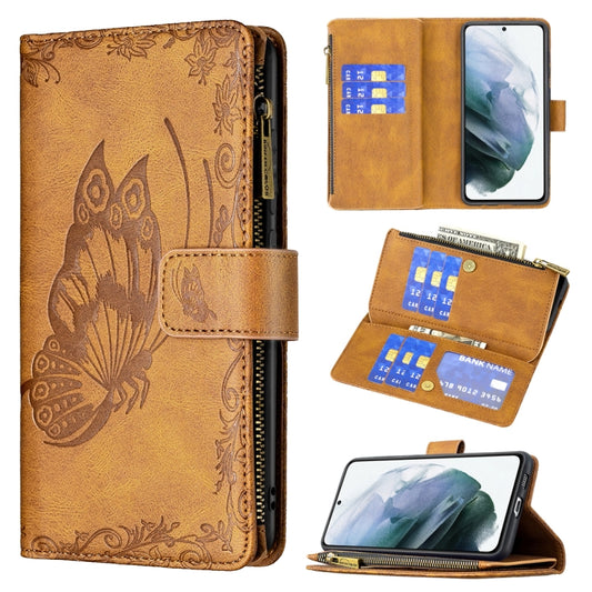 For Samsung Galaxy S21 FE Flying Butterfly Embossing Pattern Zipper Horizontal Flip Leather Case with Holder & Card Slots & Wallet(Brown) by buy2fix