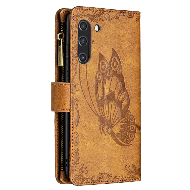 For Samsung Galaxy S21 FE Flying Butterfly Embossing Pattern Zipper Horizontal Flip Leather Case with Holder & Card Slots & Wallet(Brown) by buy2fix