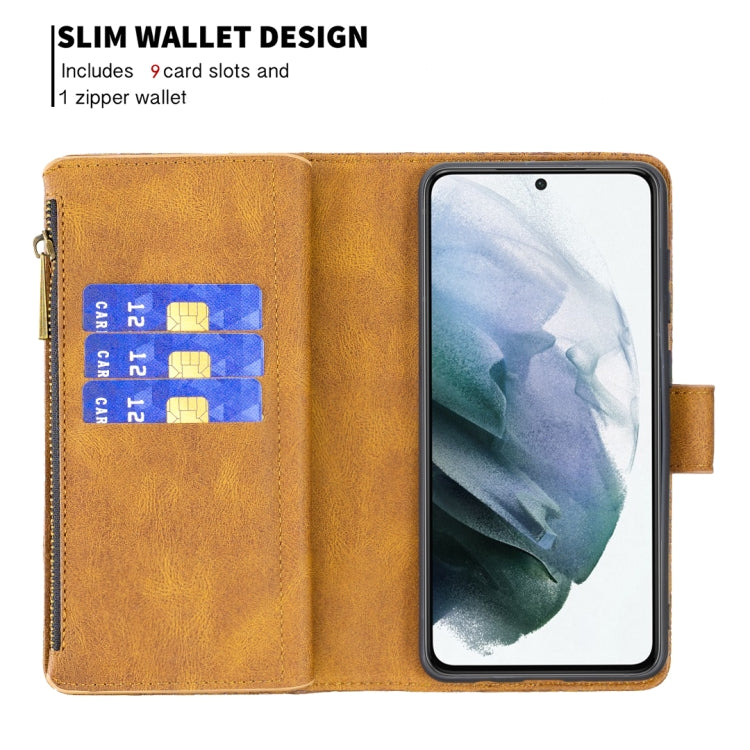 For Samsung Galaxy S21 FE Flying Butterfly Embossing Pattern Zipper Horizontal Flip Leather Case with Holder & Card Slots & Wallet(Brown) by buy2fix
