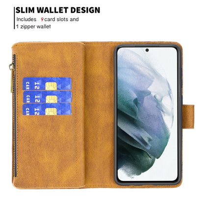 For Samsung Galaxy S21 FE Flying Butterfly Embossing Pattern Zipper Horizontal Flip Leather Case with Holder & Card Slots & Wallet(Brown) by buy2fix