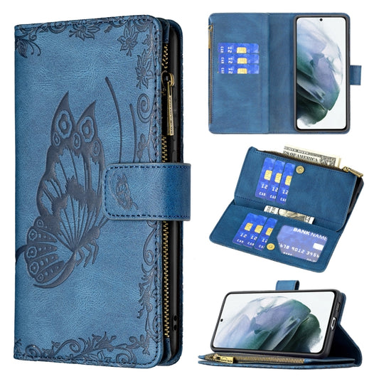 For Samsung Galaxy S21 FE Flying Butterfly Embossing Pattern Zipper Horizontal Flip Leather Case with Holder & Card Slots & Wallet(Blue) by buy2fix