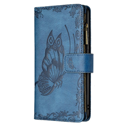 For Samsung Galaxy S21 FE Flying Butterfly Embossing Pattern Zipper Horizontal Flip Leather Case with Holder & Card Slots & Wallet(Blue) by buy2fix
