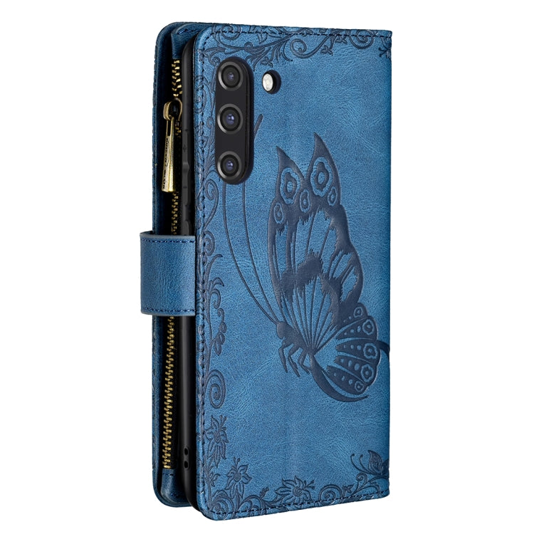 For Samsung Galaxy S21 FE Flying Butterfly Embossing Pattern Zipper Horizontal Flip Leather Case with Holder & Card Slots & Wallet(Blue) by buy2fix