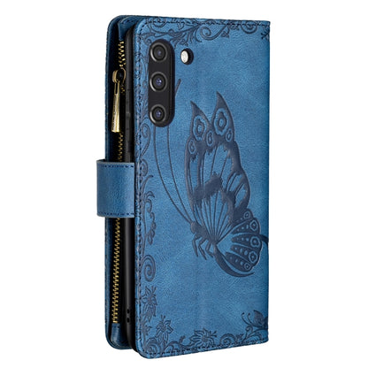 For Samsung Galaxy S21 FE Flying Butterfly Embossing Pattern Zipper Horizontal Flip Leather Case with Holder & Card Slots & Wallet(Blue) by buy2fix