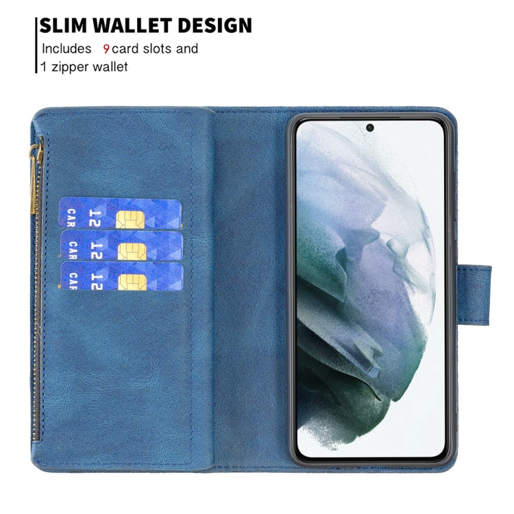 For Samsung Galaxy S21 FE Flying Butterfly Embossing Pattern Zipper Horizontal Flip Leather Case with Holder & Card Slots & Wallet(Blue) by buy2fix