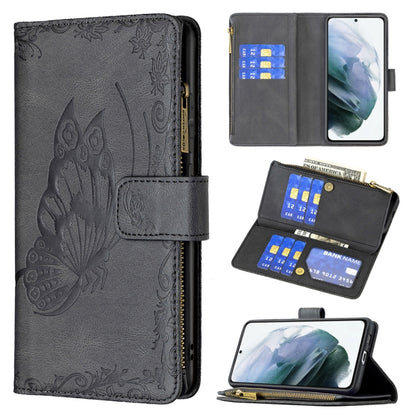 For Samsung Galaxy S21 FE Flying Butterfly Embossing Pattern Zipper Horizontal Flip Leather Case with Holder & Card Slots & Wallet(Black) by buy2fix