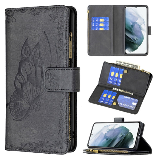 For Samsung Galaxy S21 FE Flying Butterfly Embossing Pattern Zipper Horizontal Flip Leather Case with Holder & Card Slots & Wallet(Black) by buy2fix