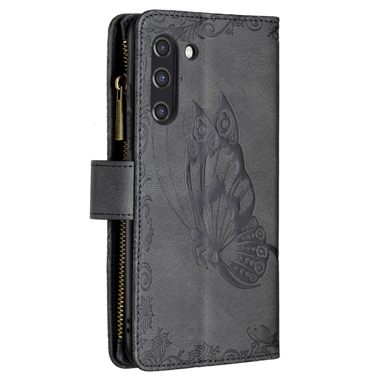 For Samsung Galaxy S21 FE Flying Butterfly Embossing Pattern Zipper Horizontal Flip Leather Case with Holder & Card Slots & Wallet(Black) by buy2fix