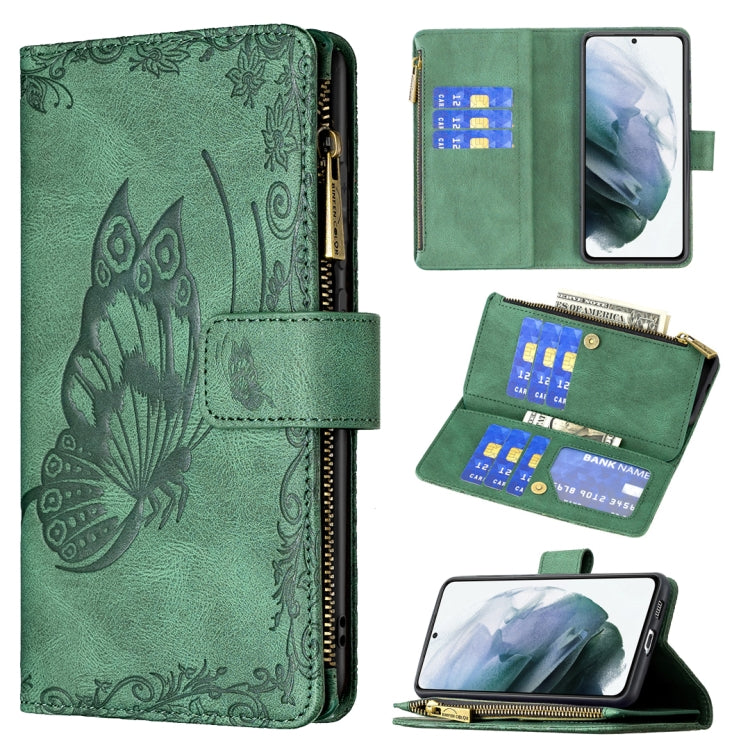 For Samsung Galaxy S21 FE Flying Butterfly Embossing Pattern Zipper Horizontal Flip Leather Case with Holder & Card Slots & Wallet(Green) by buy2fix