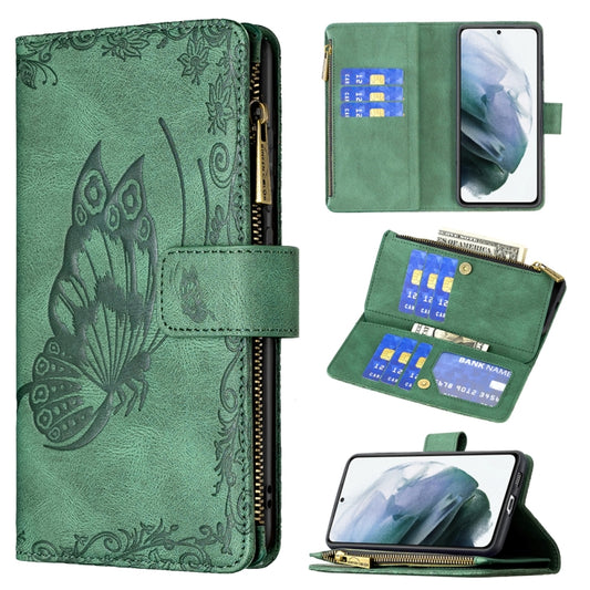 For Samsung Galaxy S21 FE Flying Butterfly Embossing Pattern Zipper Horizontal Flip Leather Case with Holder & Card Slots & Wallet(Green) by buy2fix