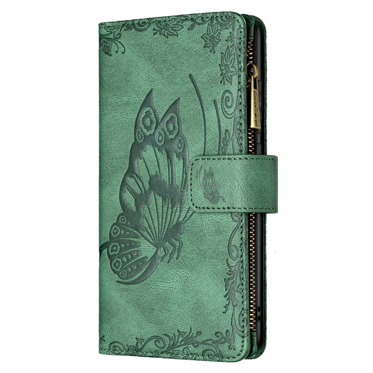 For Samsung Galaxy S21 FE Flying Butterfly Embossing Pattern Zipper Horizontal Flip Leather Case with Holder & Card Slots & Wallet(Green) by buy2fix