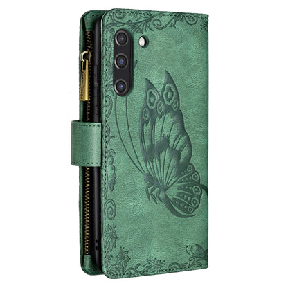 For Samsung Galaxy S21 FE Flying Butterfly Embossing Pattern Zipper Horizontal Flip Leather Case with Holder & Card Slots & Wallet(Green) by buy2fix