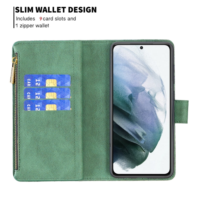For Samsung Galaxy S21 FE Flying Butterfly Embossing Pattern Zipper Horizontal Flip Leather Case with Holder & Card Slots & Wallet(Green) by buy2fix