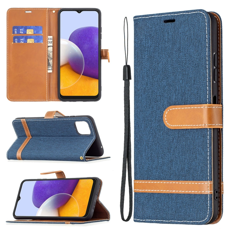 For Samsung Galaxy A22 5G Color Matching Denim Texture Horizontal Flip Leather Case with Holder & Card Slots & Wallet & Lanyard(Dark Blue) by buy2fix