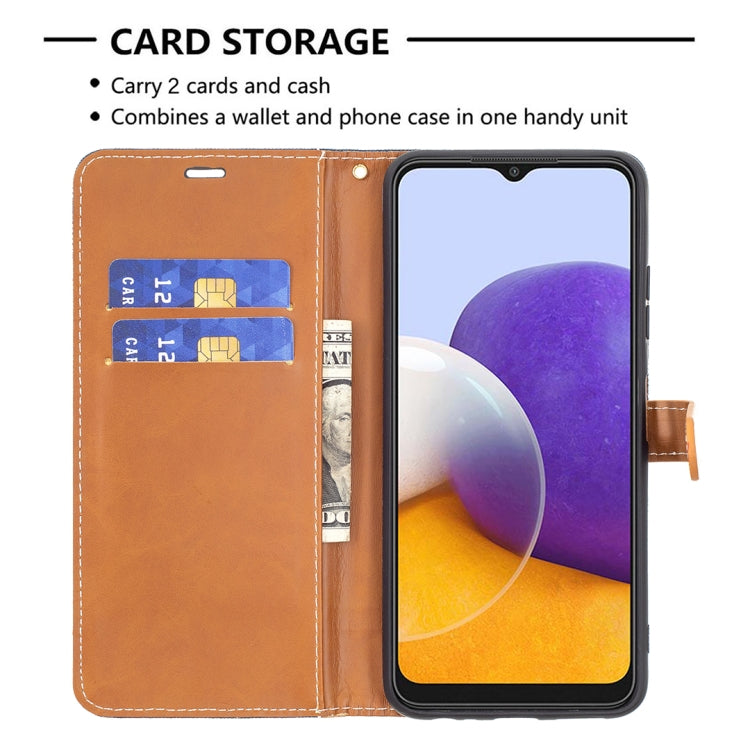 For Samsung Galaxy A22 5G Color Matching Denim Texture Horizontal Flip Leather Case with Holder & Card Slots & Wallet & Lanyard(Dark Blue) by buy2fix