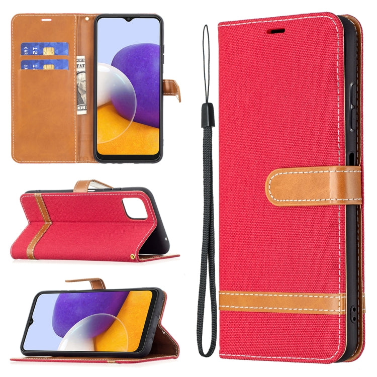 For Samsung Galaxy A22 5G Color Matching Denim Texture Horizontal Flip Leather Case with Holder & Card Slots & Wallet & Lanyard(Red) by buy2fix