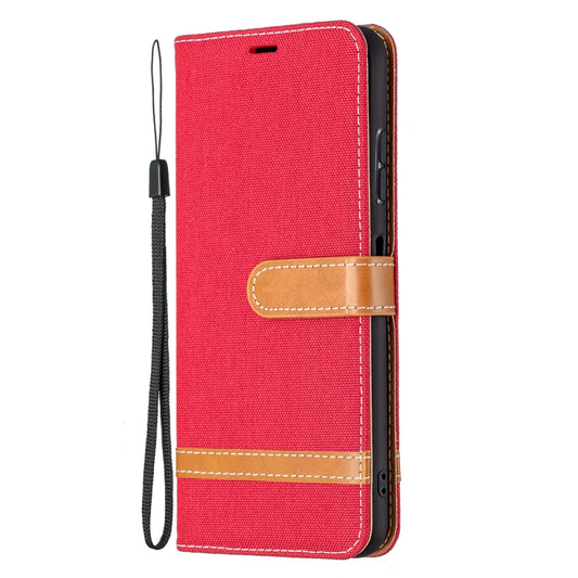 For Samsung Galaxy A22 5G Color Matching Denim Texture Horizontal Flip Leather Case with Holder & Card Slots & Wallet & Lanyard(Red) by buy2fix