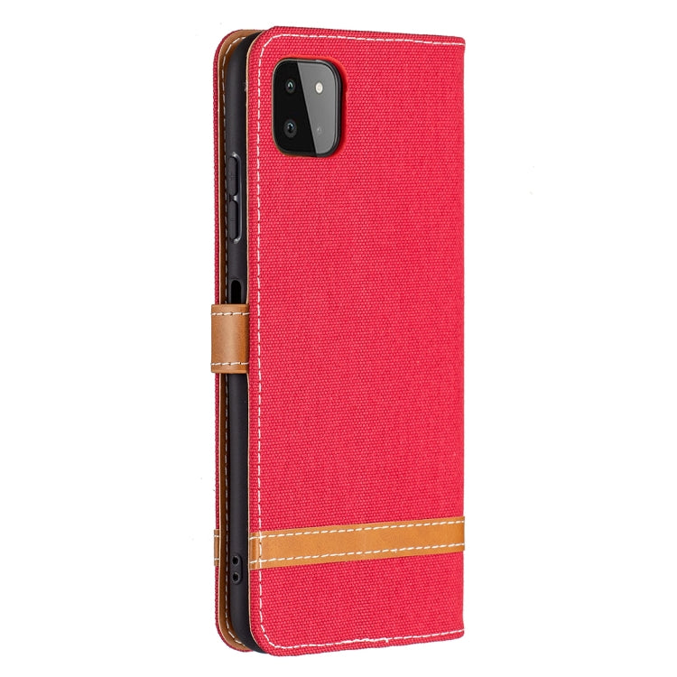 For Samsung Galaxy A22 5G Color Matching Denim Texture Horizontal Flip Leather Case with Holder & Card Slots & Wallet & Lanyard(Red) by buy2fix