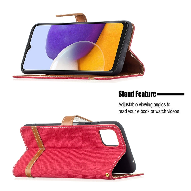 For Samsung Galaxy A22 5G Color Matching Denim Texture Horizontal Flip Leather Case with Holder & Card Slots & Wallet & Lanyard(Red) by buy2fix