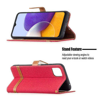 For Samsung Galaxy A22 5G Color Matching Denim Texture Horizontal Flip Leather Case with Holder & Card Slots & Wallet & Lanyard(Red) by buy2fix