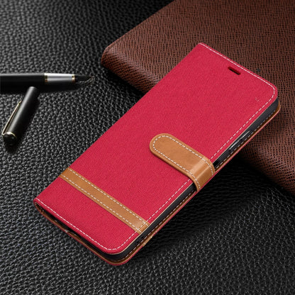 For Samsung Galaxy A22 5G Color Matching Denim Texture Horizontal Flip Leather Case with Holder & Card Slots & Wallet & Lanyard(Red) by buy2fix