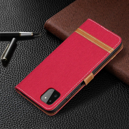 For Samsung Galaxy A22 5G Color Matching Denim Texture Horizontal Flip Leather Case with Holder & Card Slots & Wallet & Lanyard(Red) by buy2fix