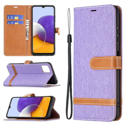 For Samsung Galaxy A22 5G Color Matching Denim Texture Horizontal Flip Leather Case with Holder & Card Slots & Wallet & Lanyard(Purple) by buy2fix